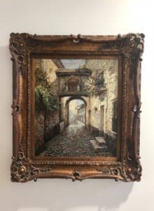 Oil-Painting-of-European-Cobblestone-Street-Scene-by-J.-Theophilos-third-image-1