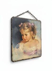 M.-Renzi-Little-Girl-with-Pink-Bow-Oil-Painting-on-Slate