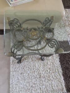 Ornate-Wrought-Iron-and-Glass-Pedestal-Side-Tables-Pair