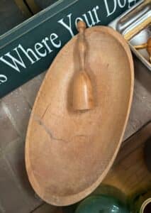 Antique-Hand-Carved-Wooden-Dough-Bowl-with-Butter-Stamp