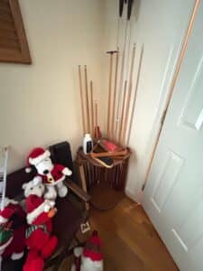 Brunswick-Heritage-Floor-Rack-with-Assorted-Cues-and-Accessories