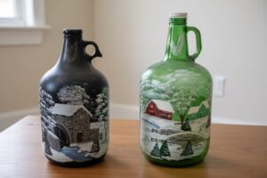 Vintage-Hand-Painted-Glass-Jugs-and-Wooden-Dough-Bowl