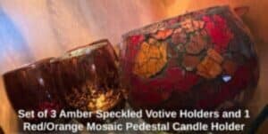 Set-of-Amber-Speckled-Votive-Holders-and-Red-or-Orange-Mosaic-Pedestal-Candle-Holder-300x151-2