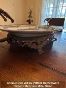Antique-Blue-Willow-Pattern-Transferware-Platter-with-Ornate-Metal-Stand-second-image