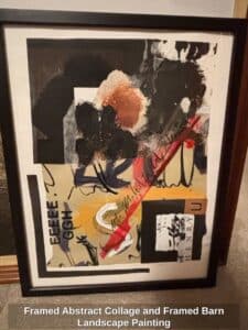 Framed-Abstract-Collage-and-Framed-Barn-Landscape-Painting