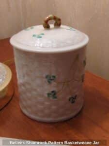 Belleek-Shamrock-Pattern-Basketweave-Jar
