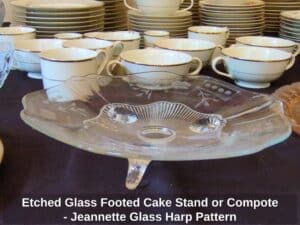 Etched-Glass-Footed-Cake-Stand-or-Compote-Jeannette-Glass-Harp-Pattern-second-image