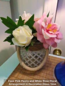 Faux-Pink-Peony-and-White-Rose-Floral-Arrangement-in-Decorative-Glass-Vase