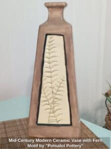 Mid-Century-Modern-Ceramic-Vase-with-Fern-Motif-by-Potsalot-Pottery