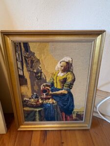 Framed-Needlepoint-Tapestry-of-Vermeers-The-Milkmaid