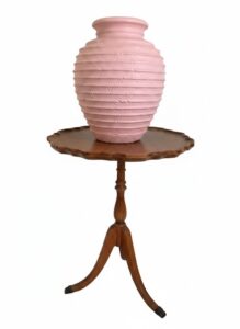 Vintage-Ribbed-Pink-Ceramic-Table-Lamp-and-Scalloped-Edge-Tripod-Accent-Table