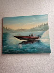 Original-Oil-Painting-of-Bass-Boat-on-Lake