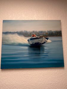 Original-Oil-Painting-of-Speedboat-on-Water