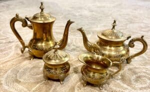 Vintage Brass Tea Set with Embossed Floral Design