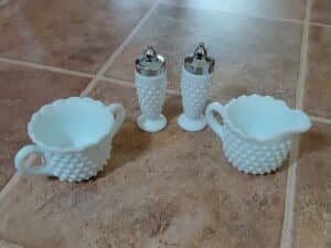 Hobnail-Milk-Glass-Creamer-Sugar-and-Shaker-Set