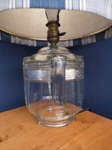 Upcycled-Vintage-Glass-Refrigerator-Pitcher-Lamp-with-Blue-Floral-Shade-fourth-image