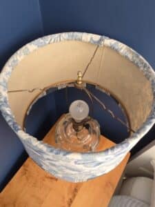 Upcycled-Vintage-Glass-Refrigerator-Pitcher-Lamp-with-Blue-Floral-Shade-third-image