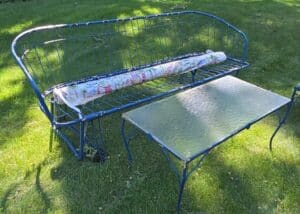 Vintage-Mid-Century-Metal-Glider-Bench-and-Glass-Top-Coffee-Table
