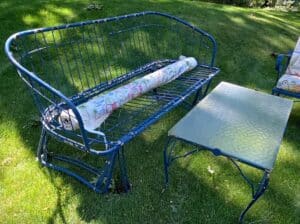 Vintage-Mid-Century-Metal-Glider-Bench-and-Glass-Top-Coffee-Table-second-image