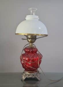 Vintage-Ruby-Red-Glass-Gone-With-The-Wind-Style-Oil-Lamp-with-Hobnail-Shade
