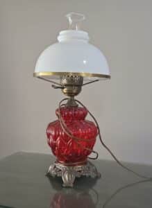Vintage-Ruby-Red-Glass-Gone-With-The-Wind-Style-Oil-Lamp-with-Hobnail-Shade-fourth-image