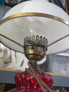 Vintage-Ruby-Red-Glass-Gone-With-The-Wind-Style-Oil-Lamp-with-Hobnail-Shade-second-image