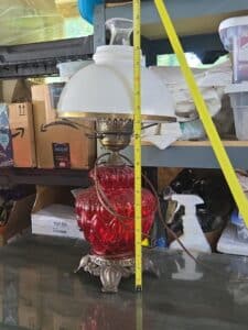 Vintage-Ruby-Red-Glass-Gone-With-The-Wind-Style-Oil-Lamp-with-Hobnail-Shade-third-image
