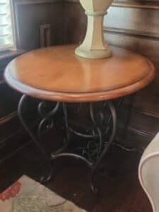 Ethan-Allen-Legacy-Wrought-Iron-Base-Round-Wood-Top-Accent-Table