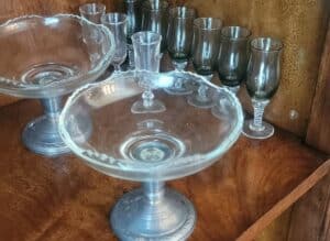 Glass-Pedestal-Compotes-with-Pewter-Bases-and-Tinted-Goblets