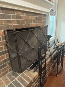 Ornate-Metal-Fireplace-Screen-and-Andirons-Set