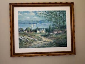 Seascape-with-Sailboats-and-House-Painting-by-J.-Soron