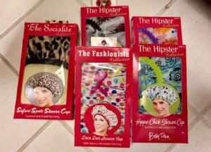 Betty-Dain-Creations-Collection-Shower-Caps-Safari-Spots-Deco-Dots-and-Hippie-Chick