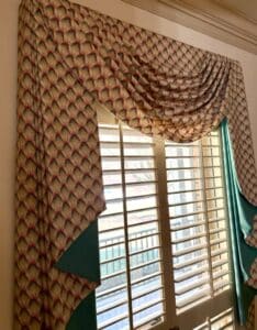 Custom-Drapery-Cornice-with-Swag-and-Jabot-in-Geometric-Feather-or-Scale-Pattern