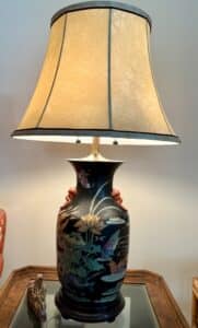 Famille-Noire-Porcelain-Vase-Lamp-with-Lotus-and-Bird-Motif