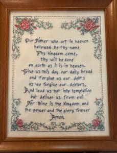 Framed-Our-Father-Prayer-Cross-Stitch-Sampler-with-Floral-Border