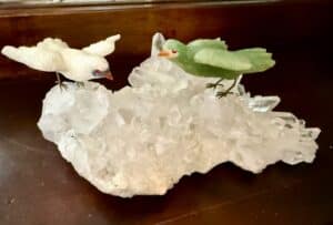 Hand-Carved-Gemstone-Birds-on-Quartz-Cluster