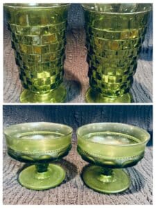 Indiana-Glass-Whitehall-Cubist-Avocado-Green-Footed-Dessert-Bowls-and-Tumblers-Set
