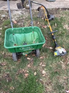 Scotts-SpeedyGreen-Broadcast-Spreader-and-Ryobi-Gas-String-Trimmer