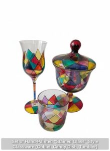 Set-of-Hand-Painted-Stained-Glass-Style-Glassware-Goblet-Candy-Dish-Tumbler