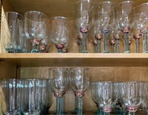 Set-of-Vintage-Blown-Glass-Wine-Glasses-and-Tumblers-with-Pink-or-Purple-Iridescent-Accents
