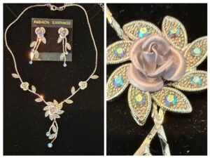 Silver-Tone-Rose-and-Leaf-Necklace-and-Earring-Set-with-Blue-Rhinestones