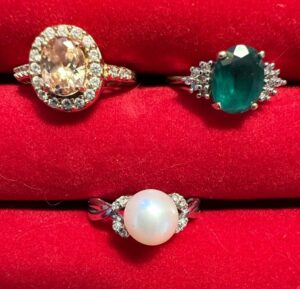 Three-Gemstone-Rings-Morganite-Emerald-and-Pearl