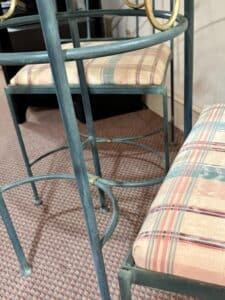 Vintage-Wrought-Iron-Bistro-Set-with-Glass-Top-and-Plaid-Cushions-second-image
