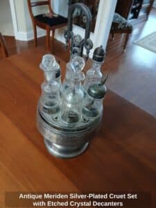 Antique-Meriden-Silver-Plated-Cruet-Set-with-Etched-Crystal-Decanters