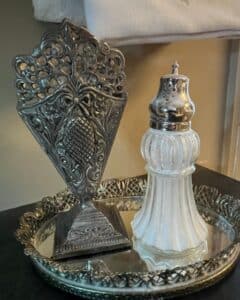 Antique-Silver-Plated-Fan-Shaped-Epergne-with-Perfume-Bottle-on-Tray