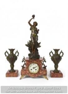 Art-Nouveau-Bronze-Figural-Mantel-Clock-Set-with-Marble-Base-and-Companion-Vases-Attributed-to-Auguste-Moreau