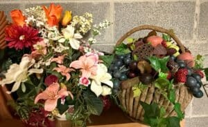 Artificial-Floral-Arrangement-and-Fruit-Basket