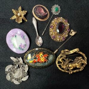 Assorted-Vintage-Brooches-and-Stick-Pins-including-Ben-Hur-and-Chariot-Motifs