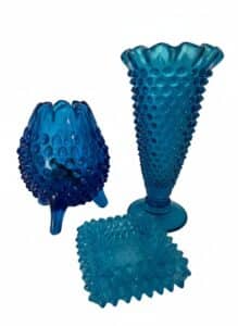 Blue-Hobnail-Glass-Vases-and-Trinket-Dish