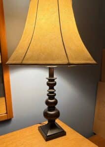 Bronze-Table-Lamp-with-Turned-Stem-and-Bell-Shade